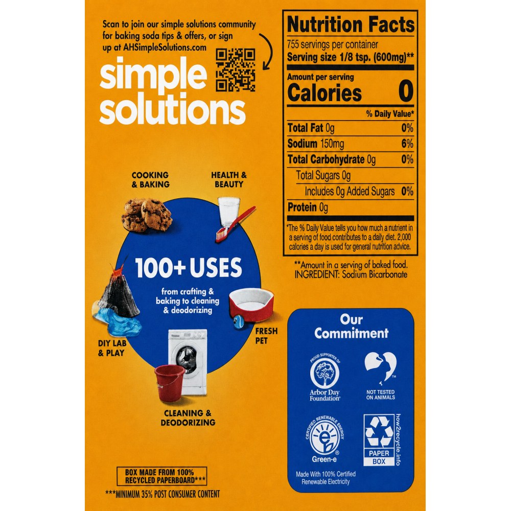 Otro lado del empaque de Bicarbonato de Sodio Puro Arm & Hammer - 454 gr