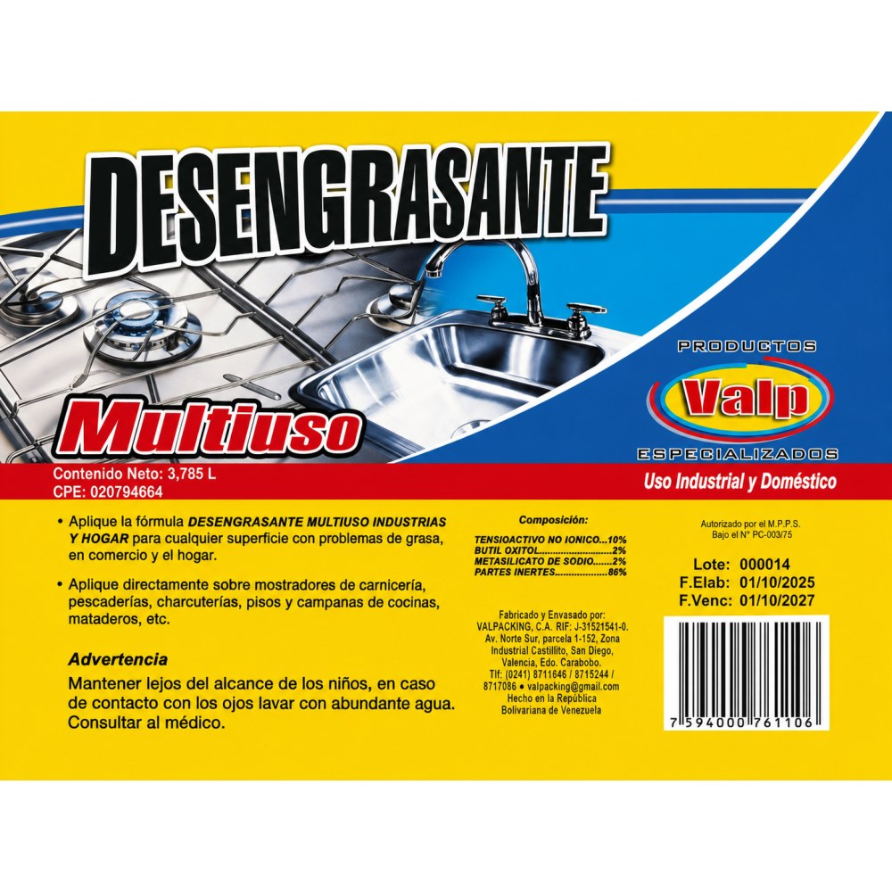 Otro lado del empaque de Desengrasante Multiuso Industrial y Doméstico Valp – 3,785 Litros