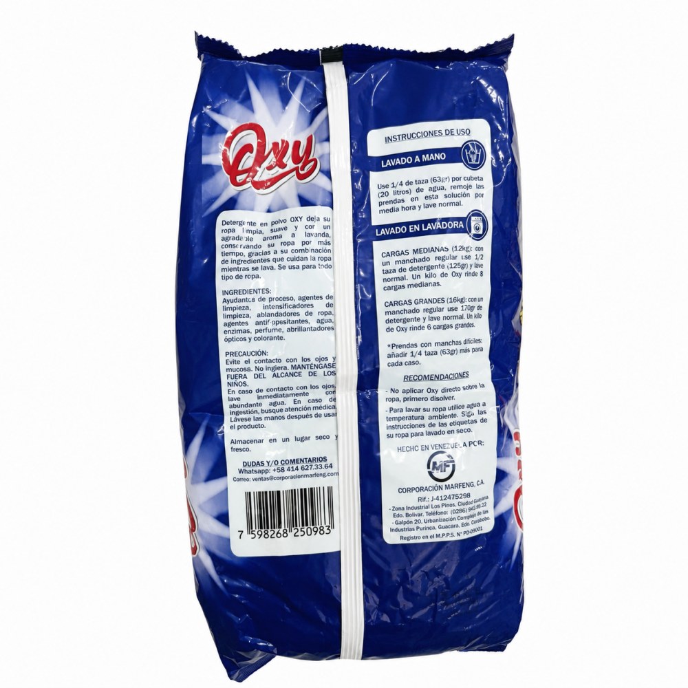 Otro lado del empaque de Detergente en Polvo Oxy Blancos Brillantes 1 kg