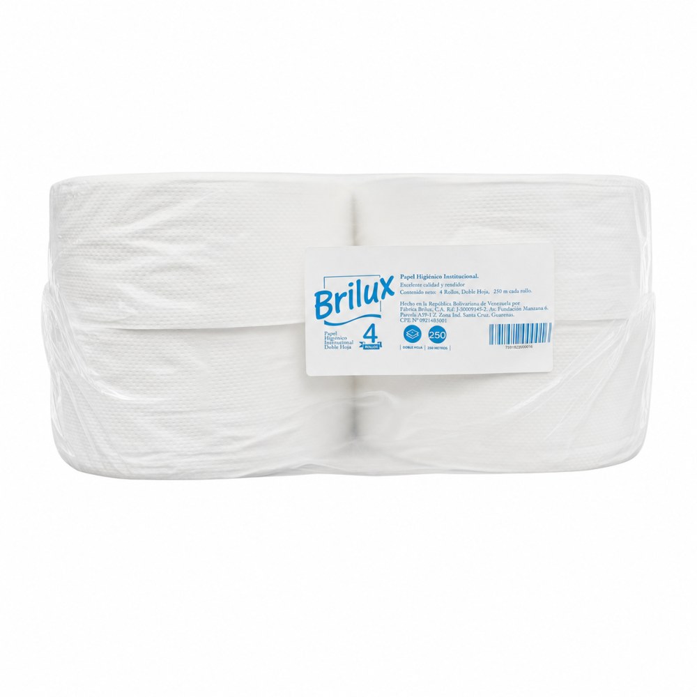 Otro lado del empaque de Papel Higiénico Institucional Brilux 4 Rollos Doble Hoja - 250 Metros