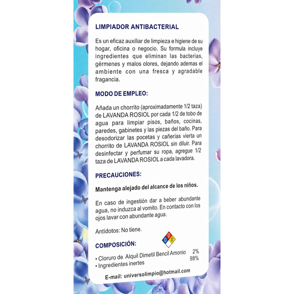 Otro lado del empaque de Limpiador Antibacterial Rosiol Lavanda - 3.785 L