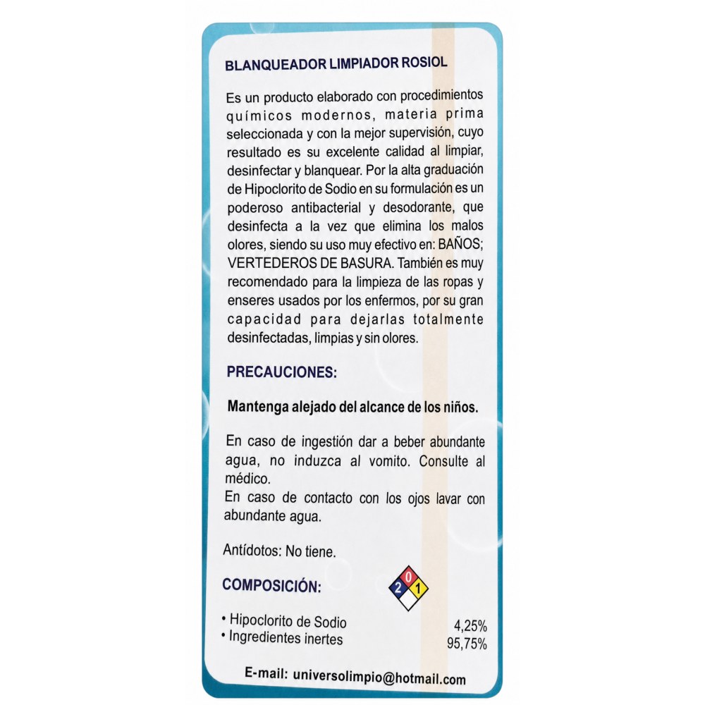 Otro lado del empaque de Cloro Blanqueador Limpiador Rosiol - 20 Litros