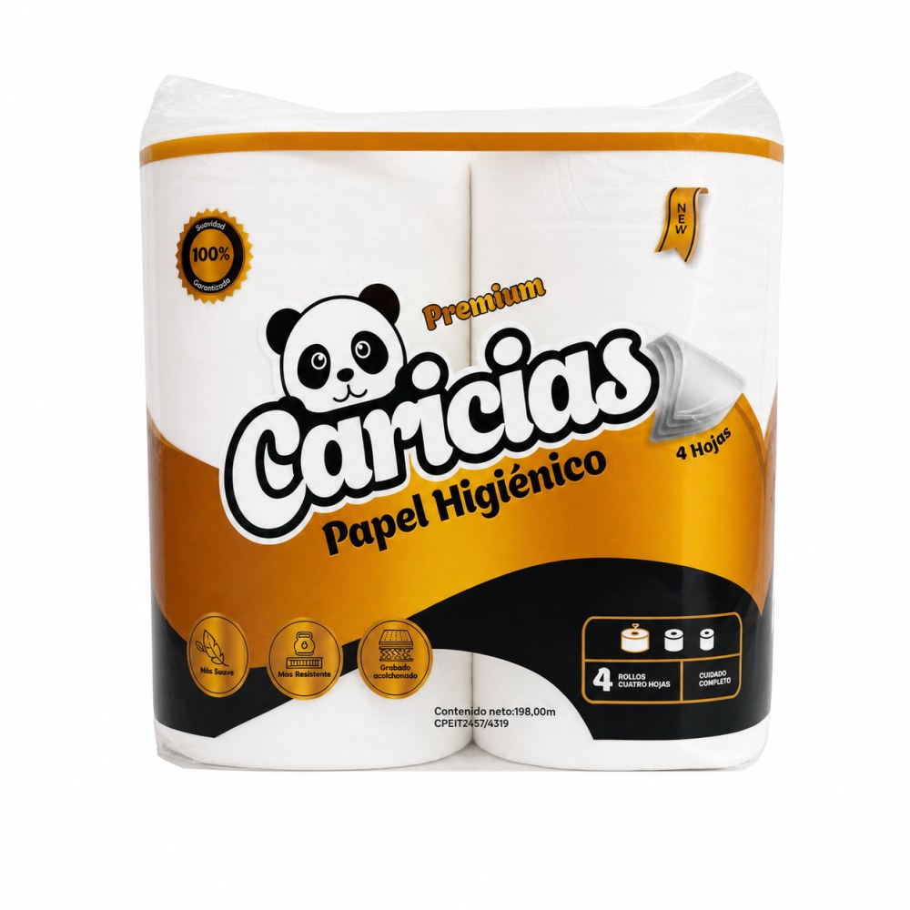 Otro lado del empaque de Papel Higiénico Caricias Premium 4 Rollos