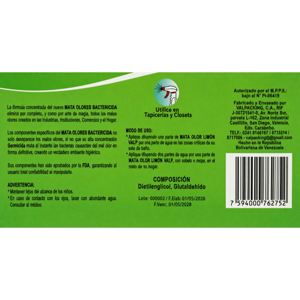 Otro lado del empaque de Mata Olores Bactericida Valp - Limón - 3,785 Litros