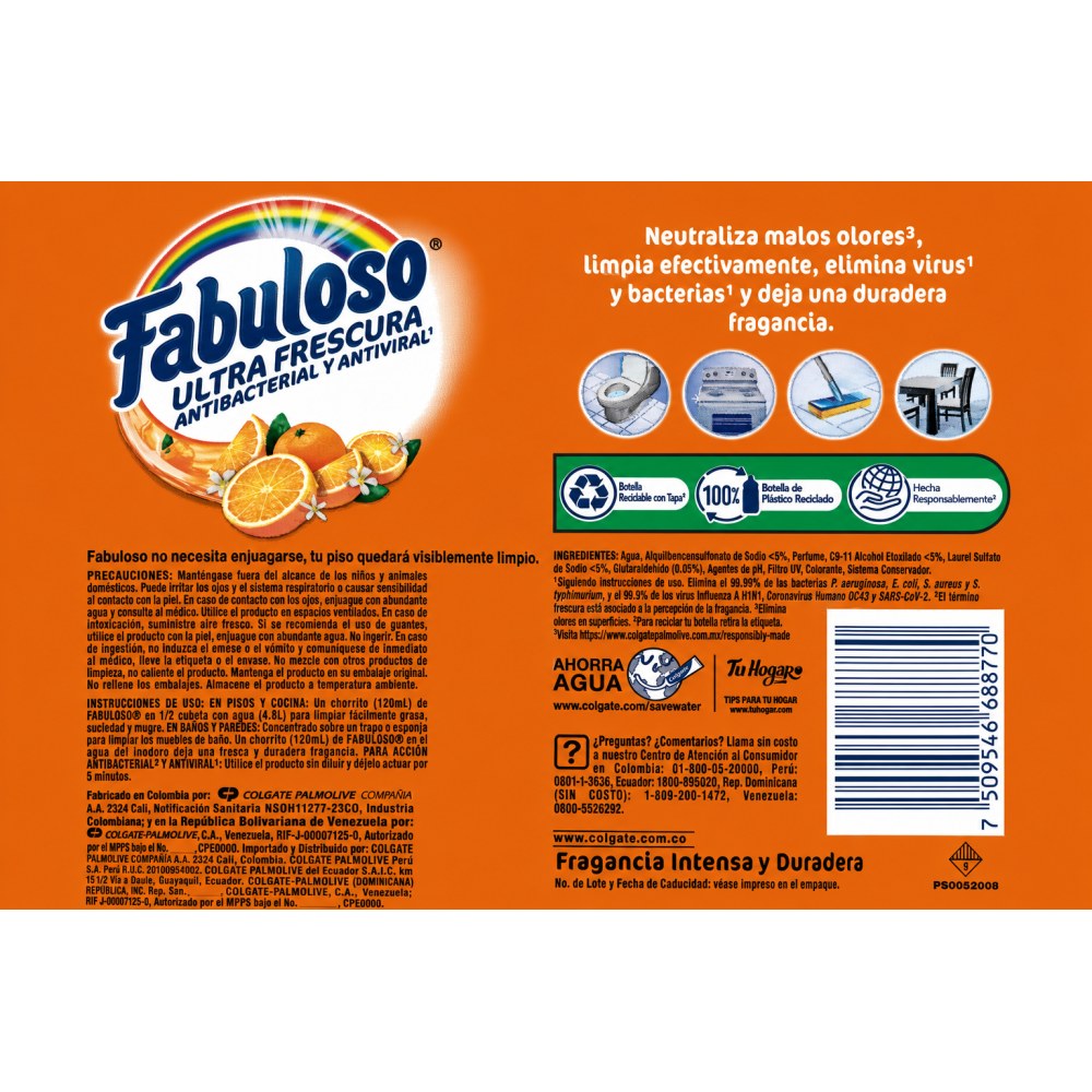 Otro lado del empaque de Limpiador Ultra Frescura Energía Fabuloso Naranja - 1 Litro