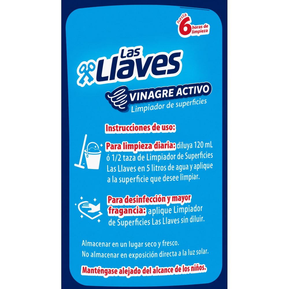 Otro lado del empaque de Las Llaves Limpiador de Superficies - Fragancia Brisa Tropical - 1 Litro