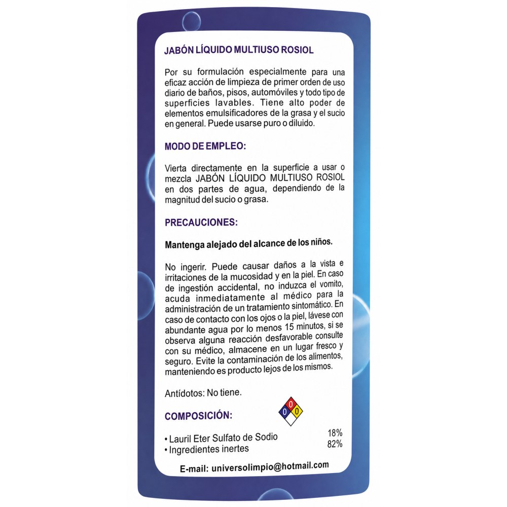 Otro lado del empaque de Rosiol Jabón Líquido Multiuso - 3,785 Litros