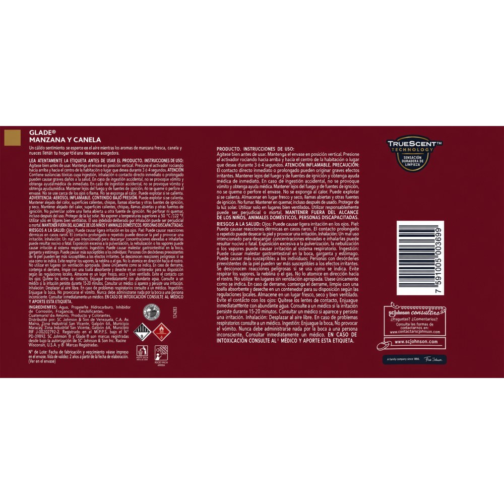 Otro lado del empaque de Glade Aromatizante de Ambiente Manzana y Canela - 235 ml