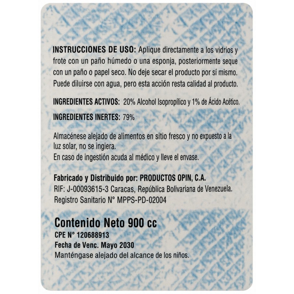 Otro lado del empaque de Limpiavidrios Opin Concentrado - 900 ml