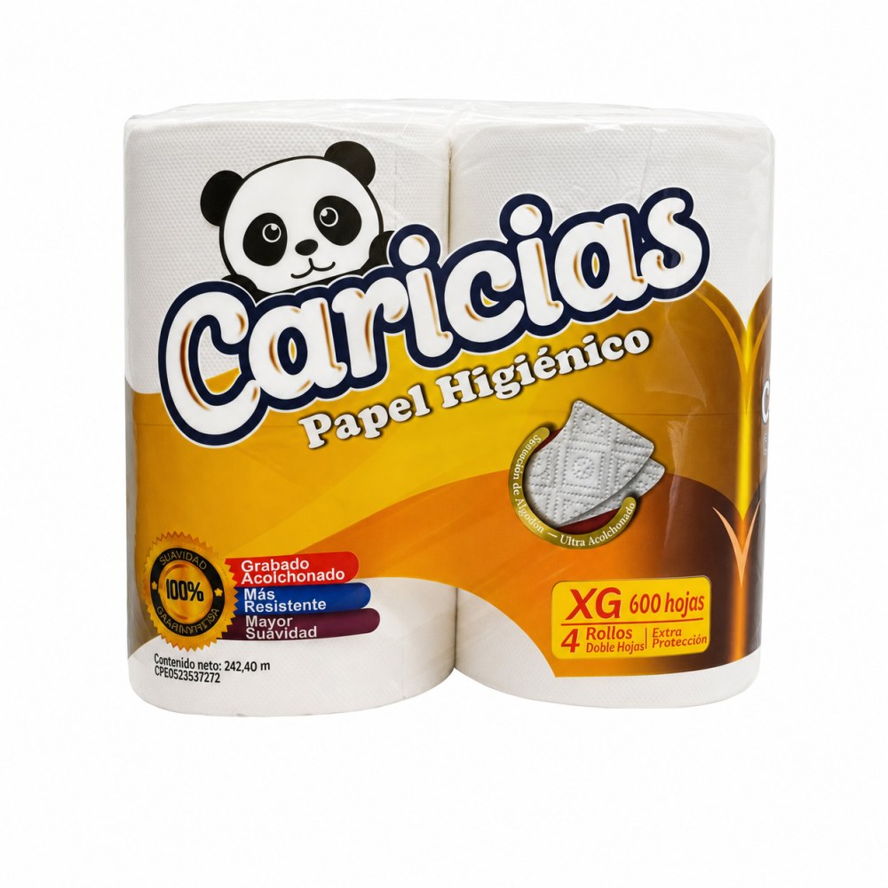 Otro lado del empaque de Papel Higiénico Caricias XG 600 Hojas - 4 rollos