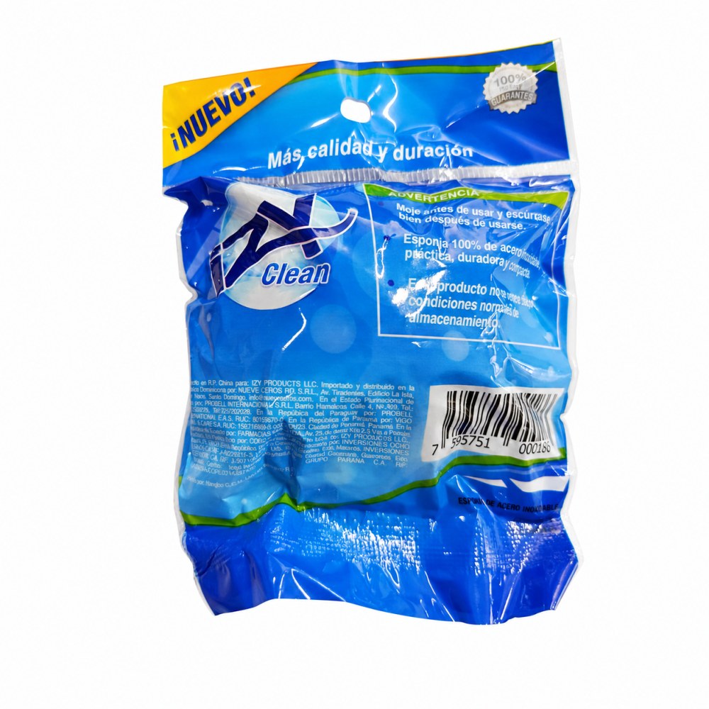 Otro lado del empaque de Esponja de Acero Inoxidable IZY Clean