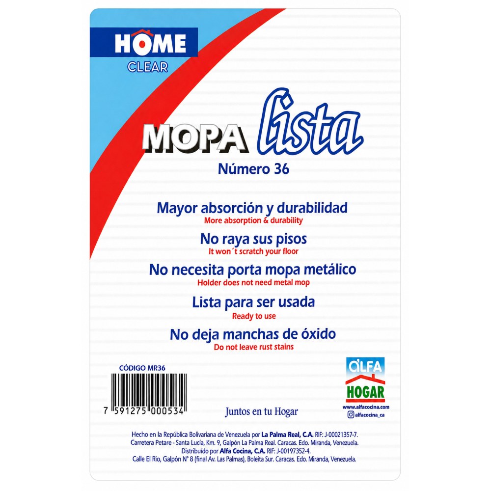 Otro lado del empaque de Mopa Lista N.º 36 Home Clear