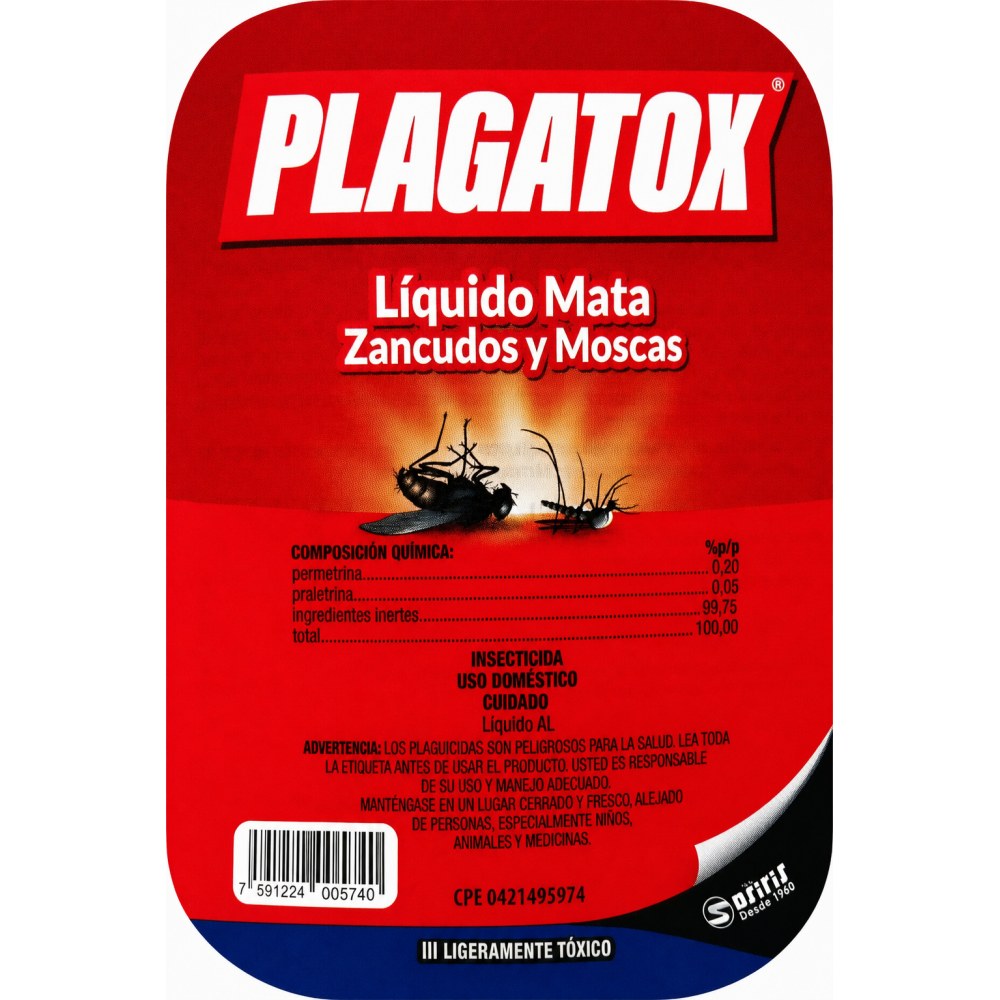 Otro lado del empaque de Plagatox Líquido Mata Zancudos y Moscas - 360 ml