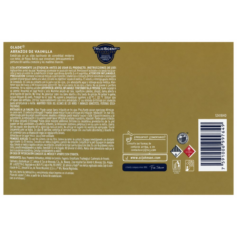 Otro lado del empaque de Glade Aromatizante Aerosol Abrazos de Vainilla - 360 ml