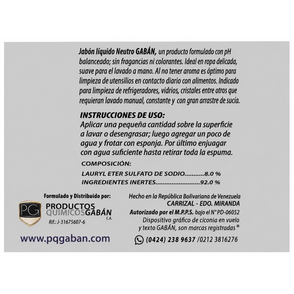 Otro lado del empaque de Jabón Líquido Neutro Gabán para Ropa Delicada – 3,785 Litros
