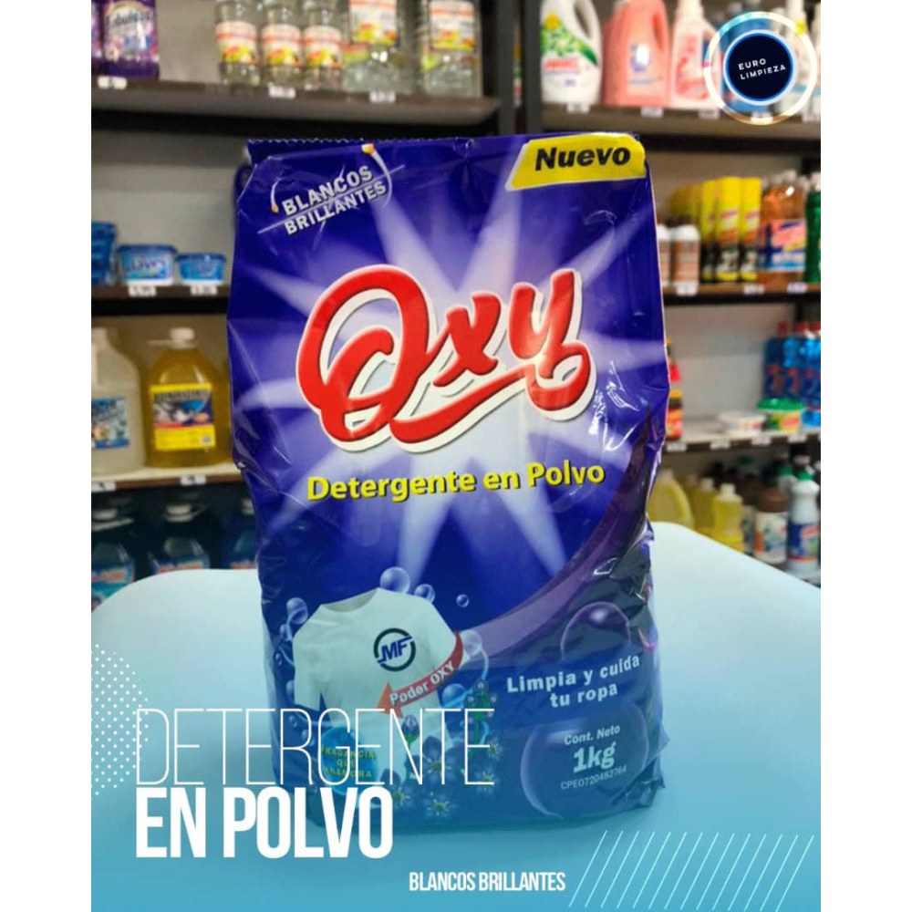 Otro lado del empaque de Detergente en Polvo Oxy Blancos Brillantes 1 kg