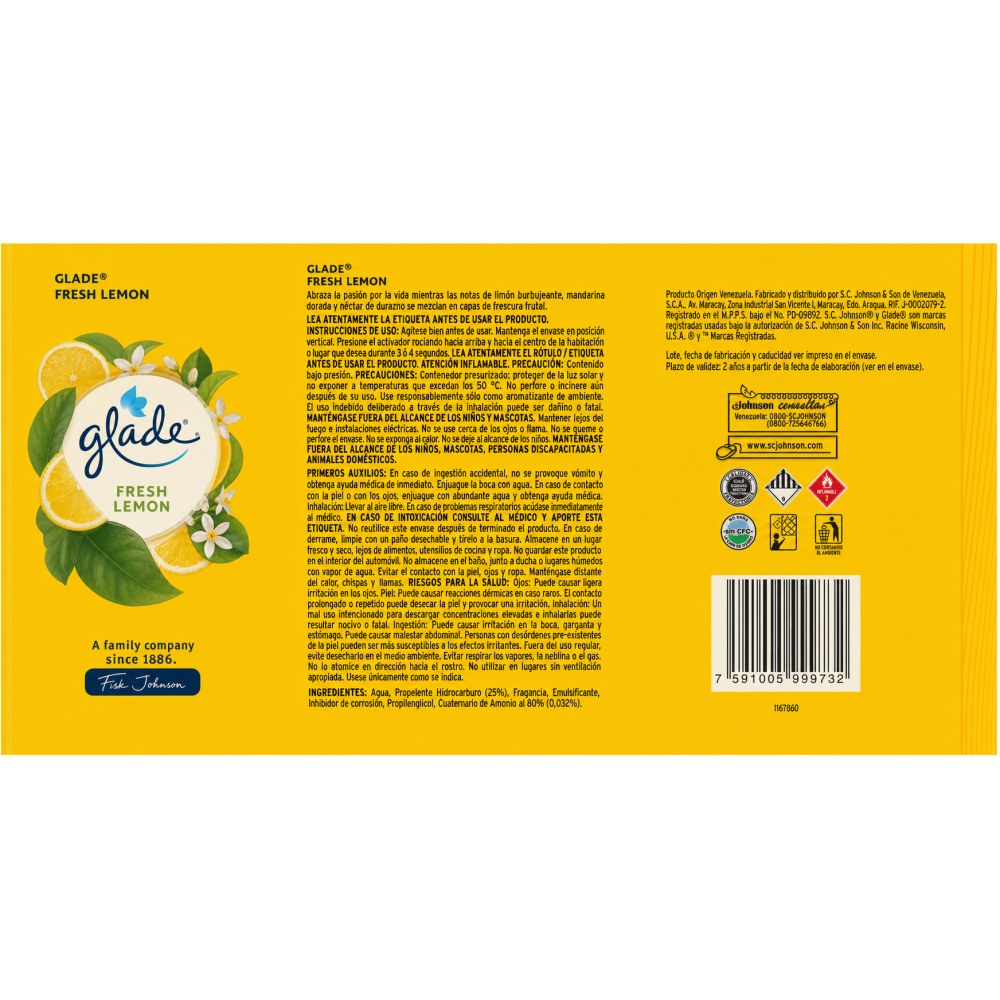 Otro lado del empaque de Glade Aromatizante en Aerosol Fresh Lemon - 360 ml