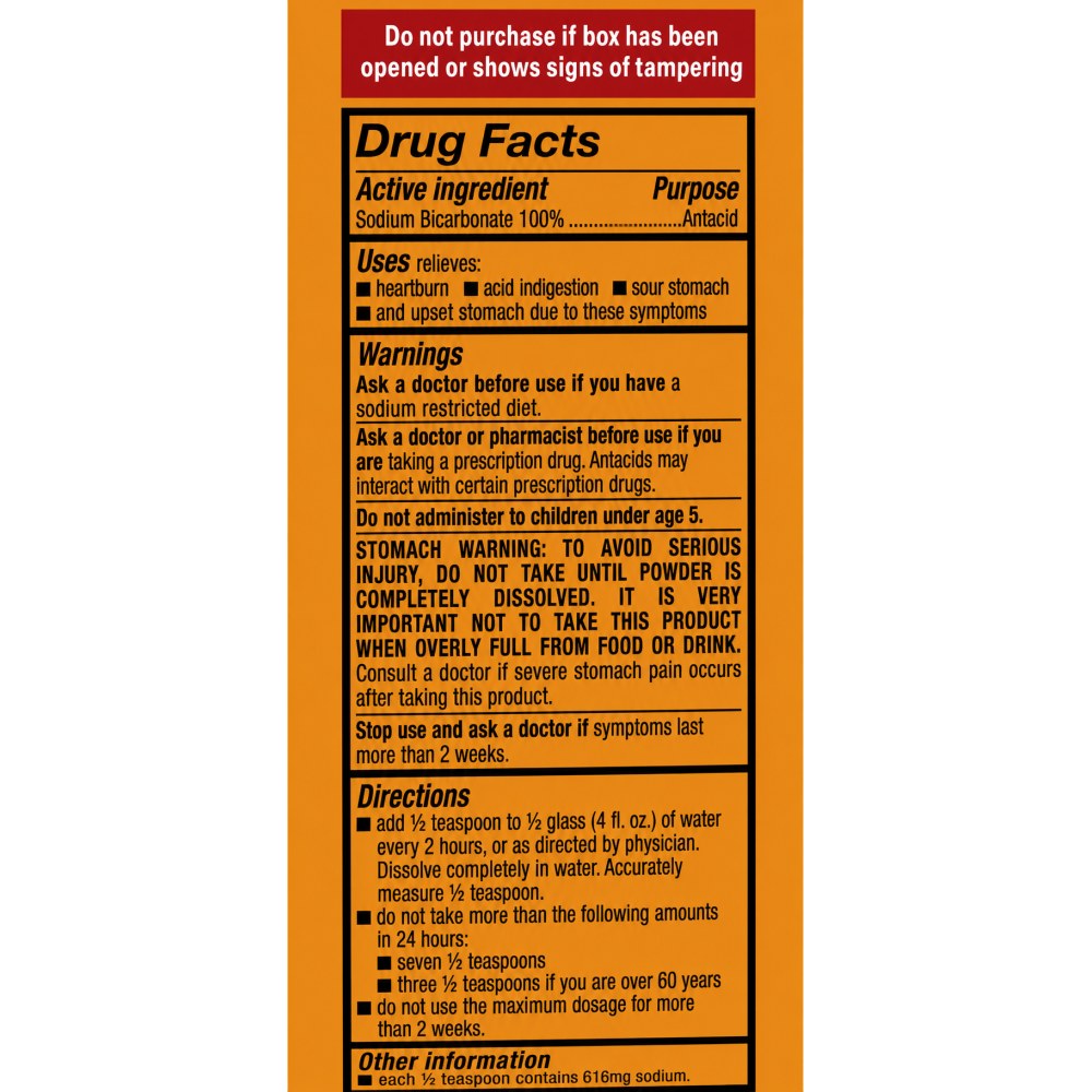 Otro lado del empaque de Bicarbonato de Sodio Puro Arm & Hammer - 454 gr