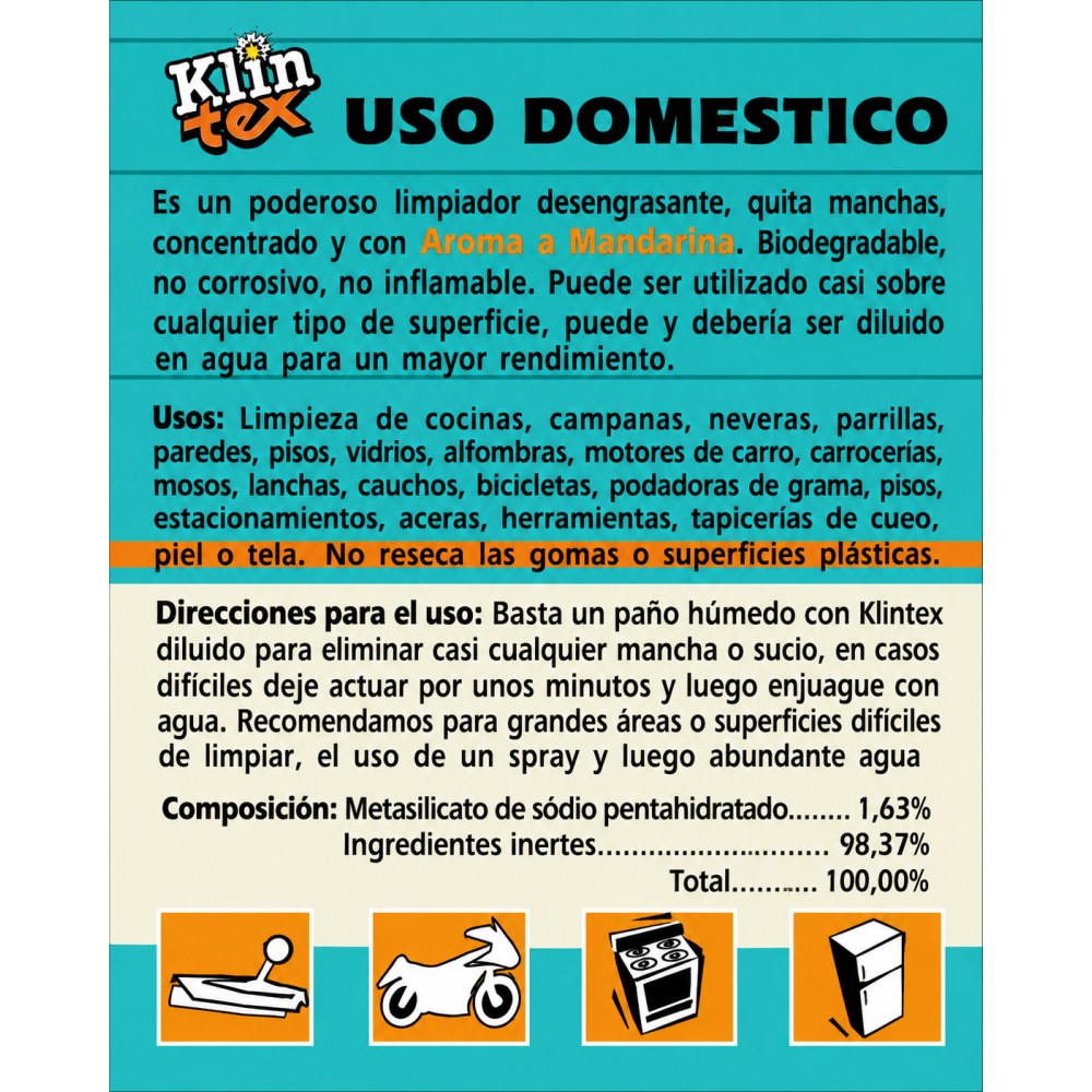 Otro lado del empaque de Klin Tex Limpiador Desengrasante Multiuso Aroma a Mandarina – 1,43 Litros
