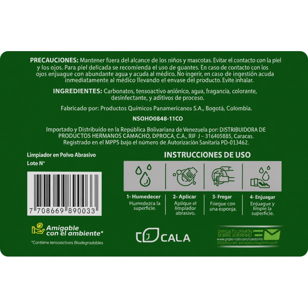 Otro lado del empaque de Limpiador en Polvo Abrasivo con Cloro Supremo - 450 Gramos