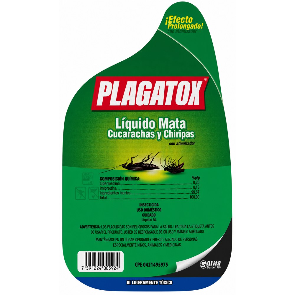 Otro lado del empaque de Plagatox Líquido Mata Cucarachas y Chiripas - 360 ml