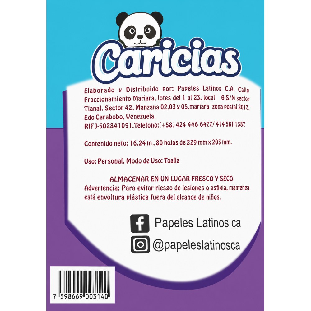 Otro lado del empaque de Toallas de Papel Caricias - 80 Hojas
