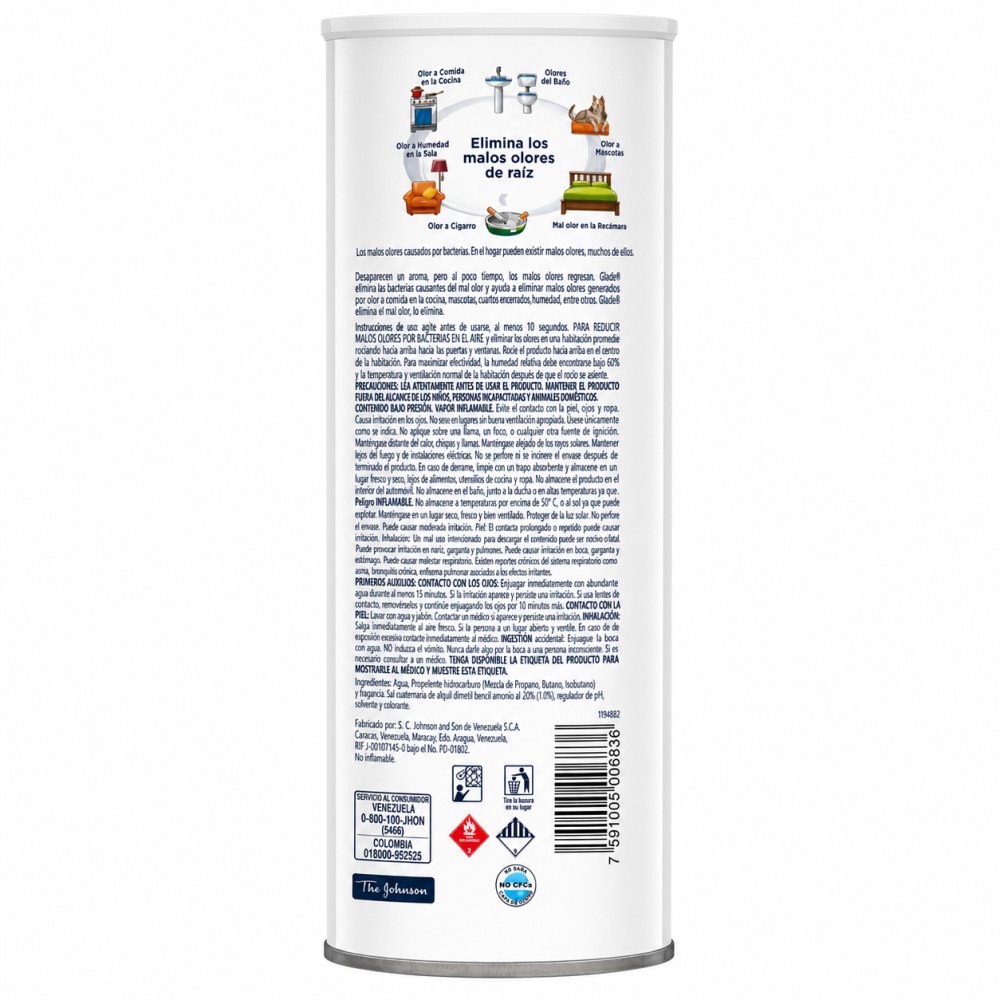 Otro lado del empaque de Glade Oust Eliminador de Olores Frescura Campestre - 360 ml