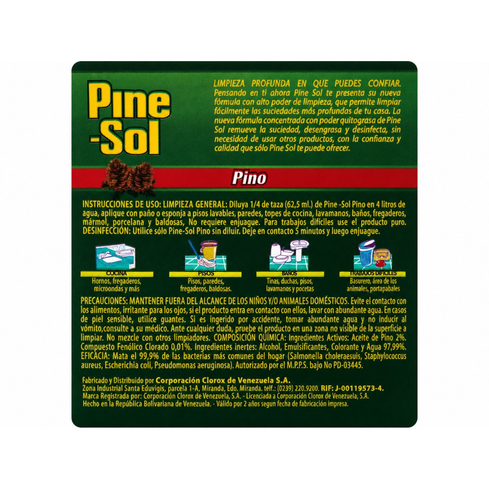Otro lado del empaque de Pine-Sol Pino Limpiador con Poder Quitagrasa - 828 ml