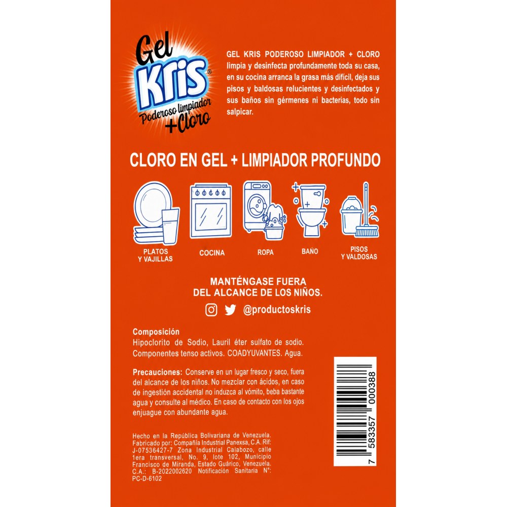 Otro lado del empaque de Gel Kris Limpiador con Cloro - 1 Litro