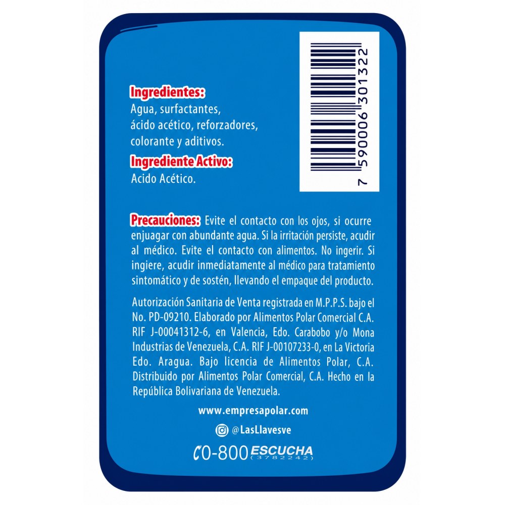 Otro lado del empaque de Las Llaves Limpiador de Superficies - Fragancia Brisa Tropical - 1 Litro