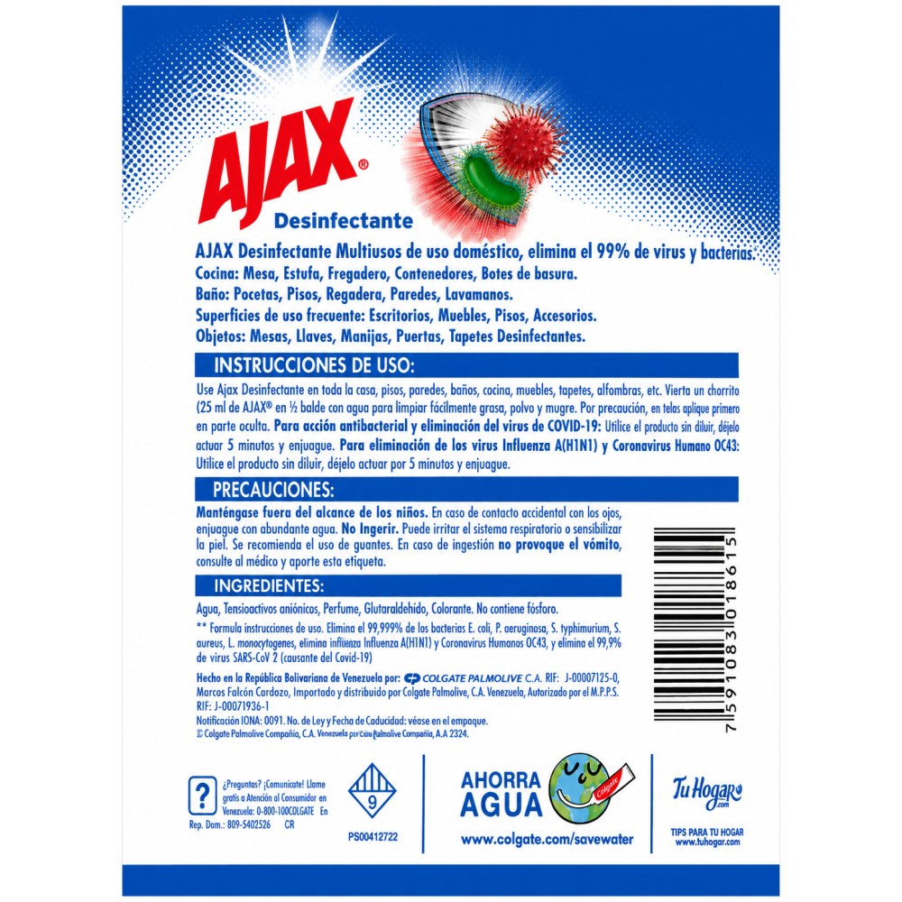 Otro lado del empaque de Ajax Desinfectante Multiusos Antiviral y Antibacterial – 1 Litro
