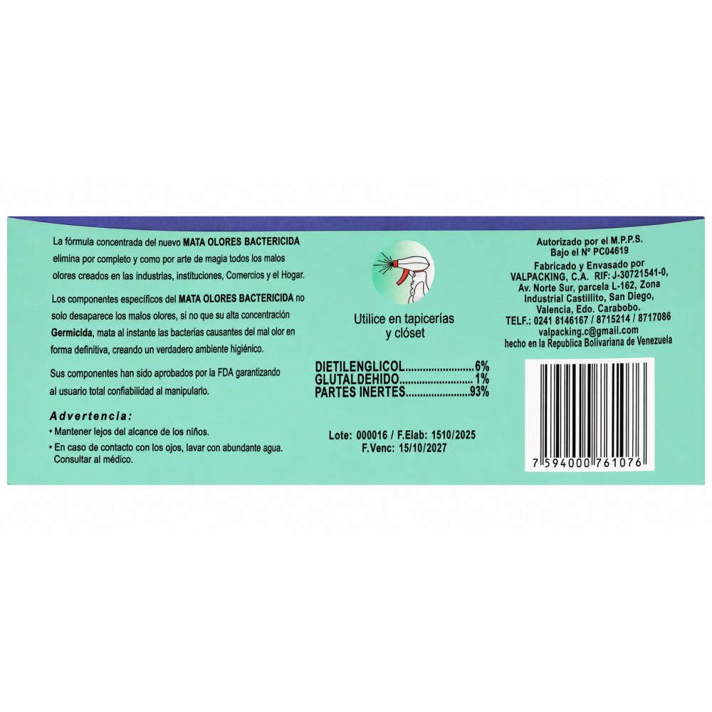 Otro lado del empaque de Mata Olores Bactericida Valp - Brisa Marina - 3,785 Litros