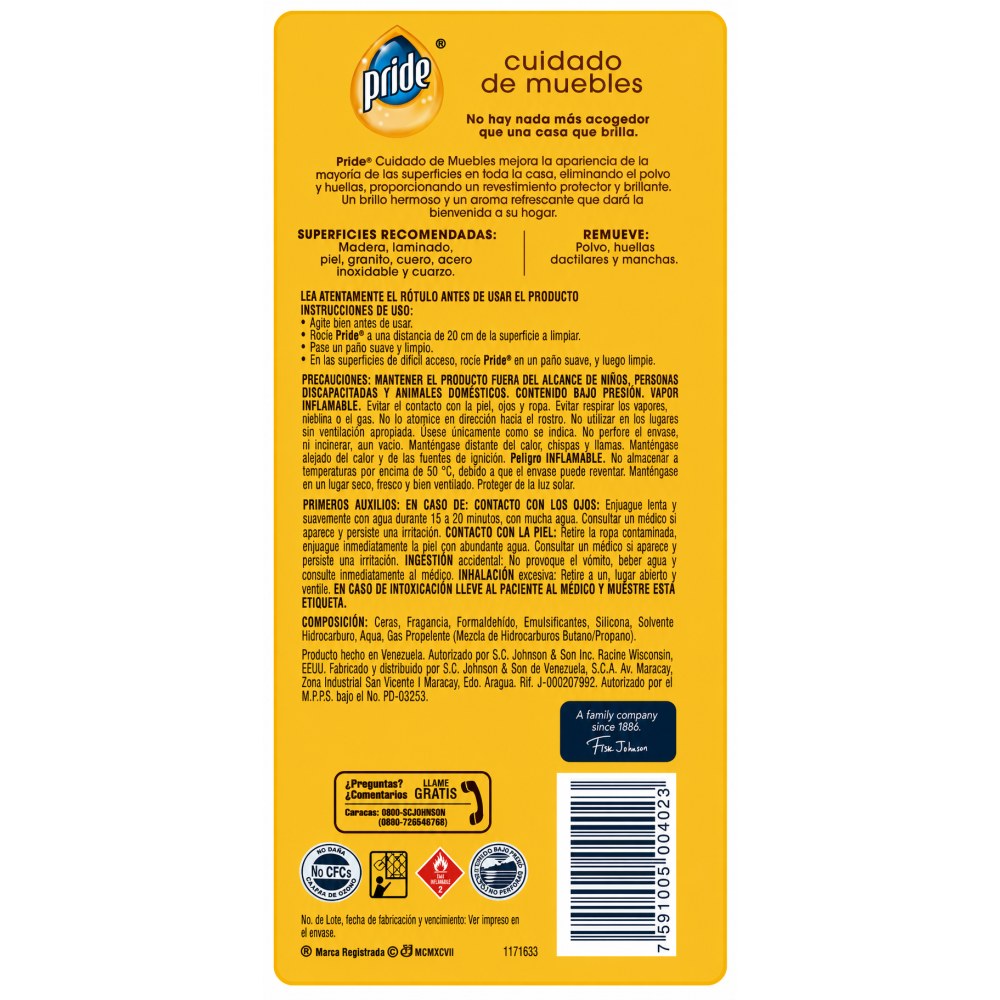 Otro lado del empaque de Pride Cuidado de Muebles Natural 380 ml