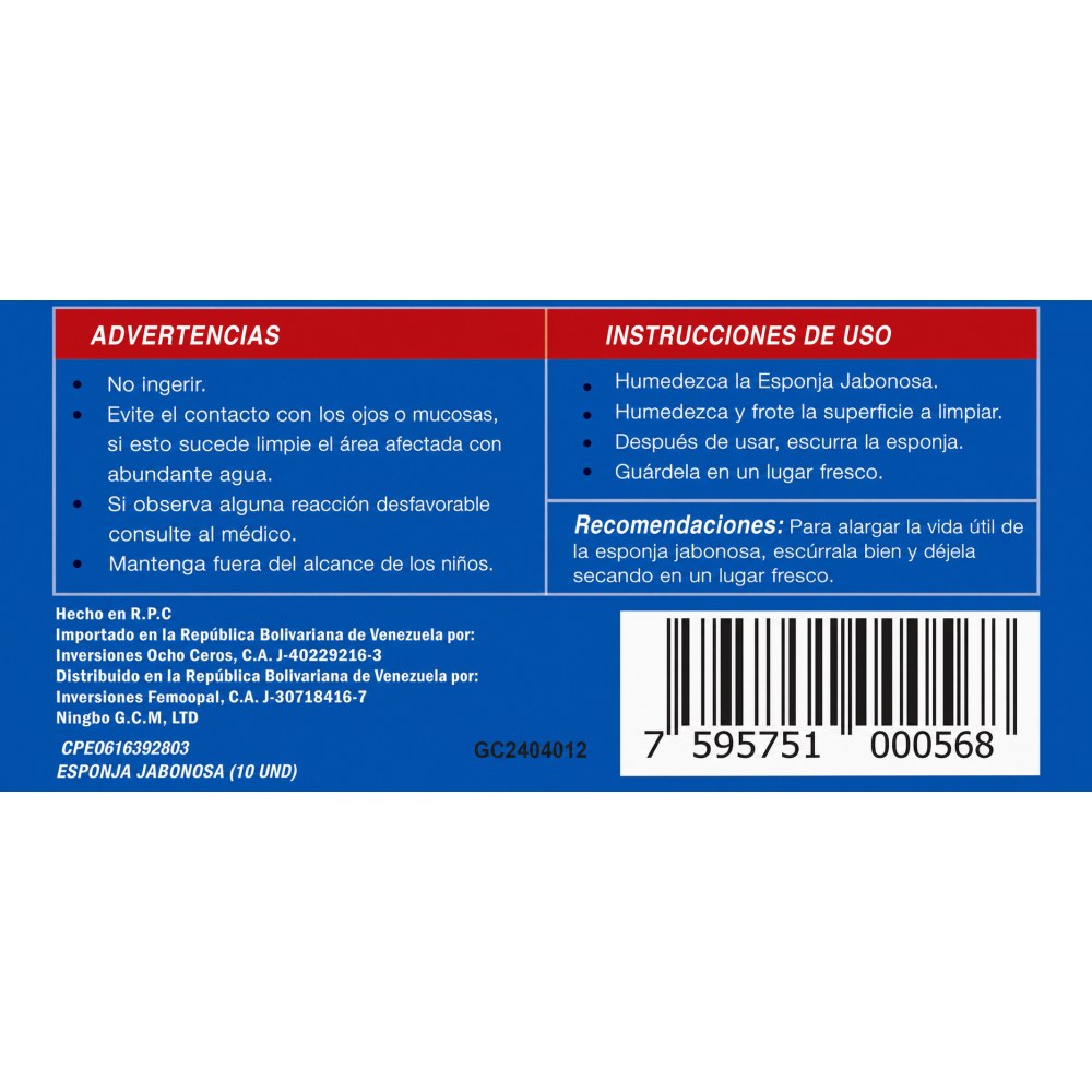 Otro lado del empaque de Esponja Jabonosa IZY Clean - 10 Esponjas