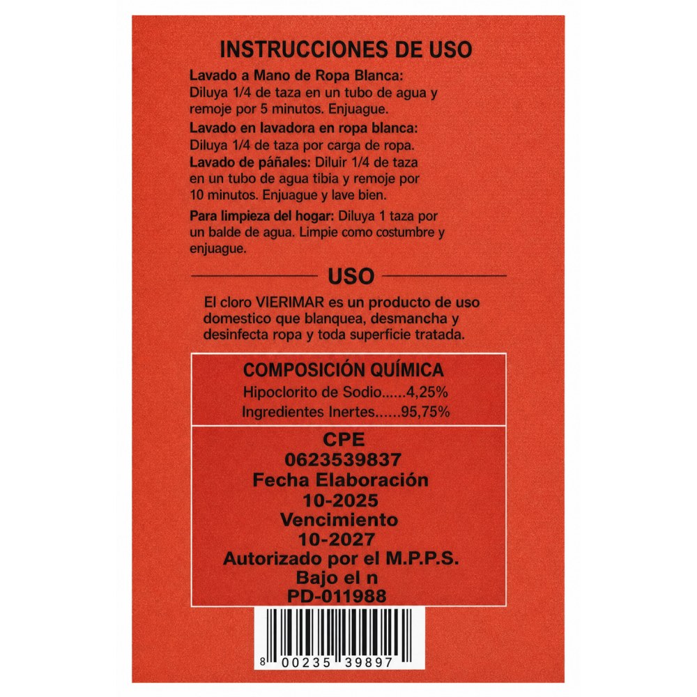Otro lado del empaque de Cloro Vierimar - 3,785 Litros