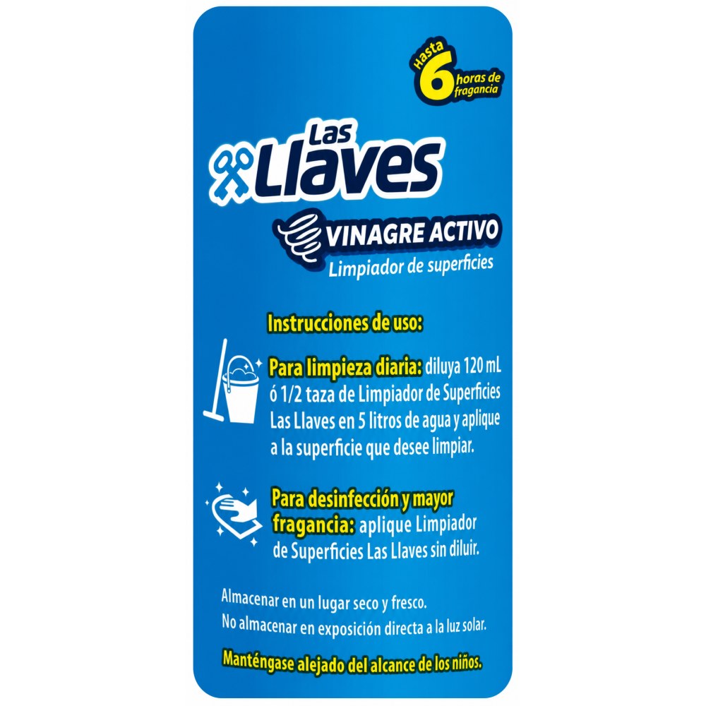 Otro lado del empaque de Las Llaves Limpiador de Superficies - Fragancia Marea Cristalina - 1 Litro