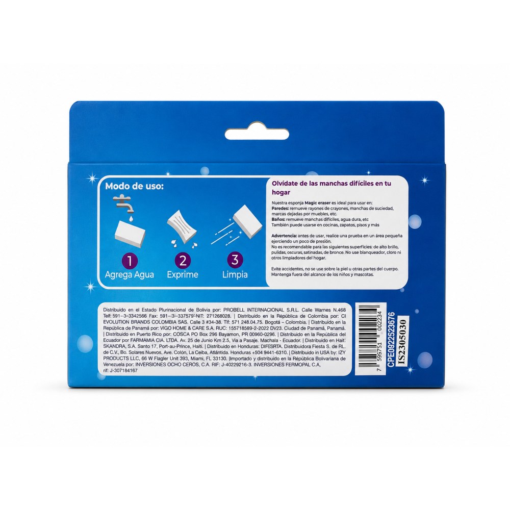 Otro lado del empaque de Esponja Mágica IZY Clean Magic Eraser – 3 Esponjas