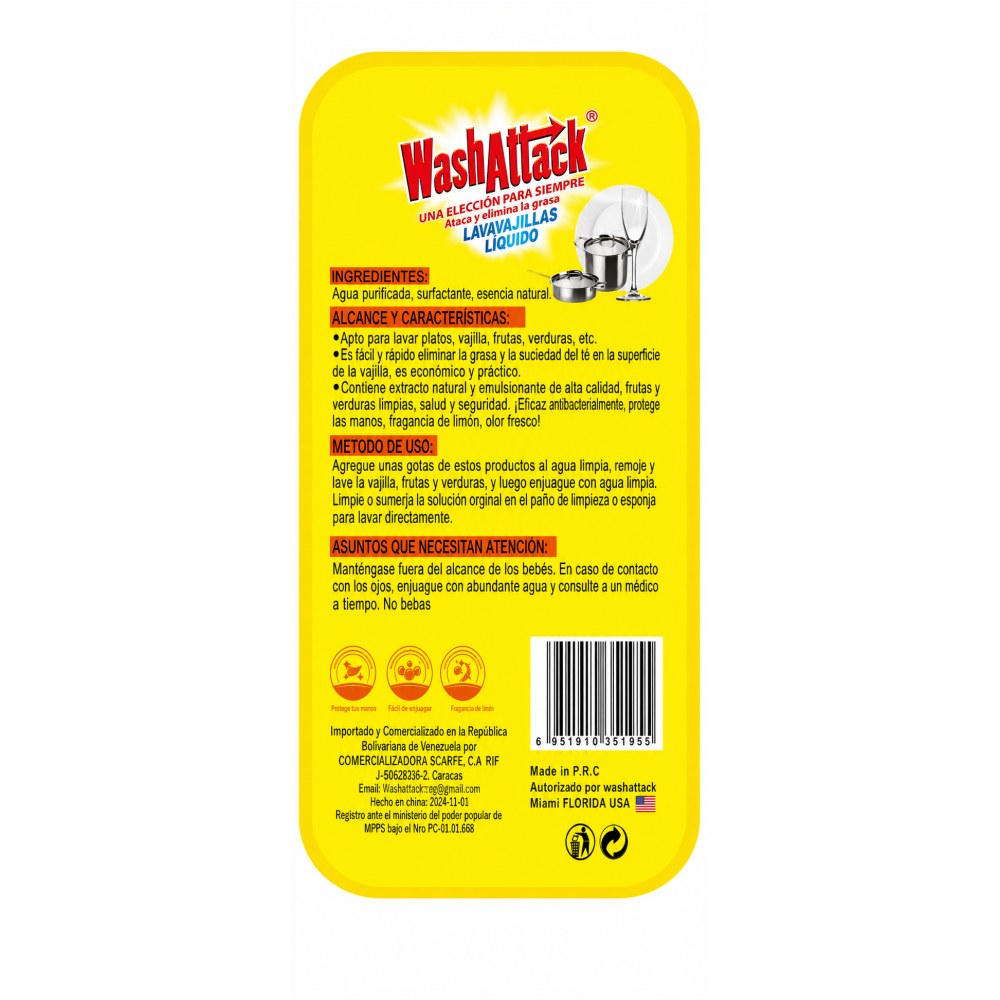 Otro lado del empaque de Lavavajillas Líquido WashAttack Limón - 1 Litro