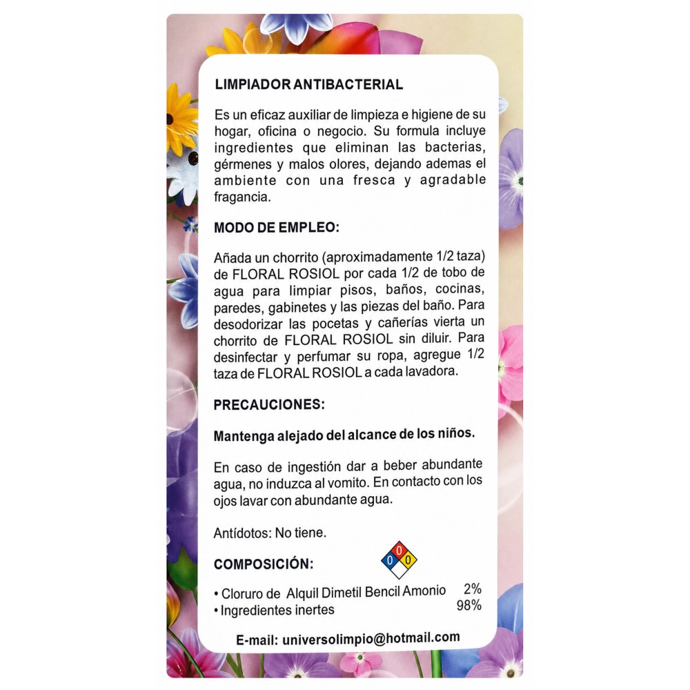 Otro lado del empaque de Limpiador Antibacterial Rosiol Floral - 3,785 Litros