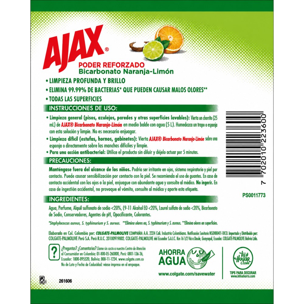 Otro lado del empaque de Ajax Limpiador Multiusos Antibacterial Bicarbonato Naranja-Limón – 1 Litro