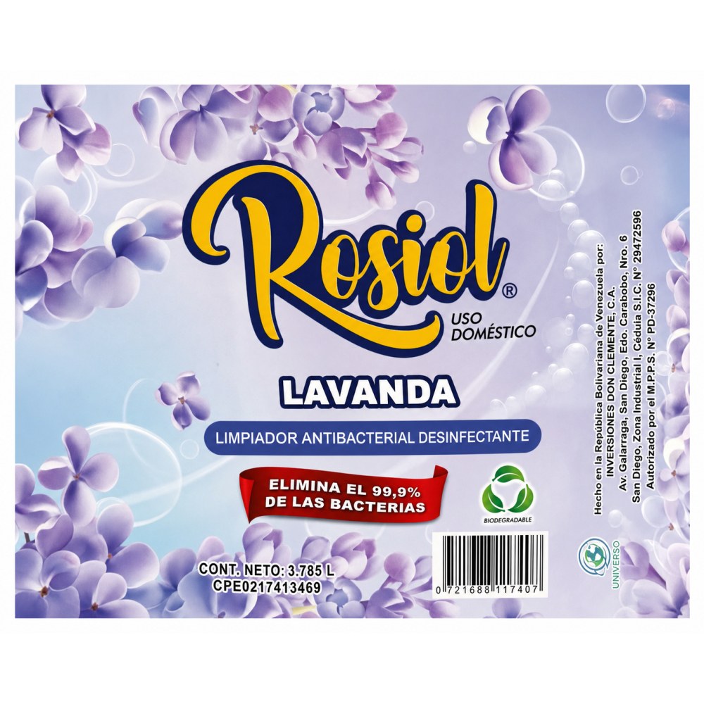 Otro lado del empaque de Limpiador Antibacterial Rosiol Lavanda - 3.785 L