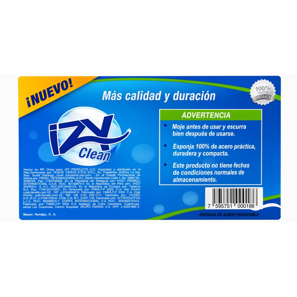 Otro lado del empaque de Esponja de Acero Inoxidable IZY Clean