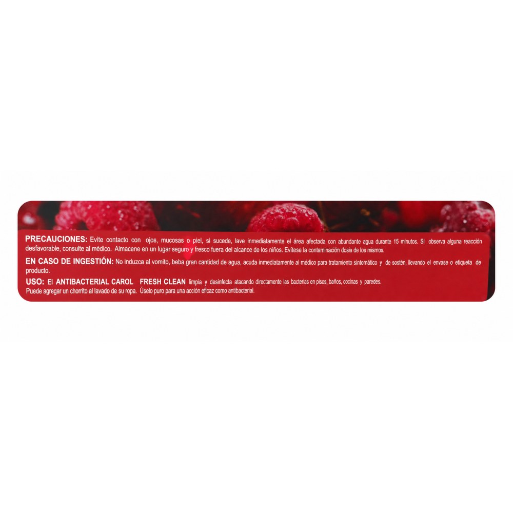 Otro lado del empaque de Antibacterial Carol FreshClean Cherry - 3,785 Litros