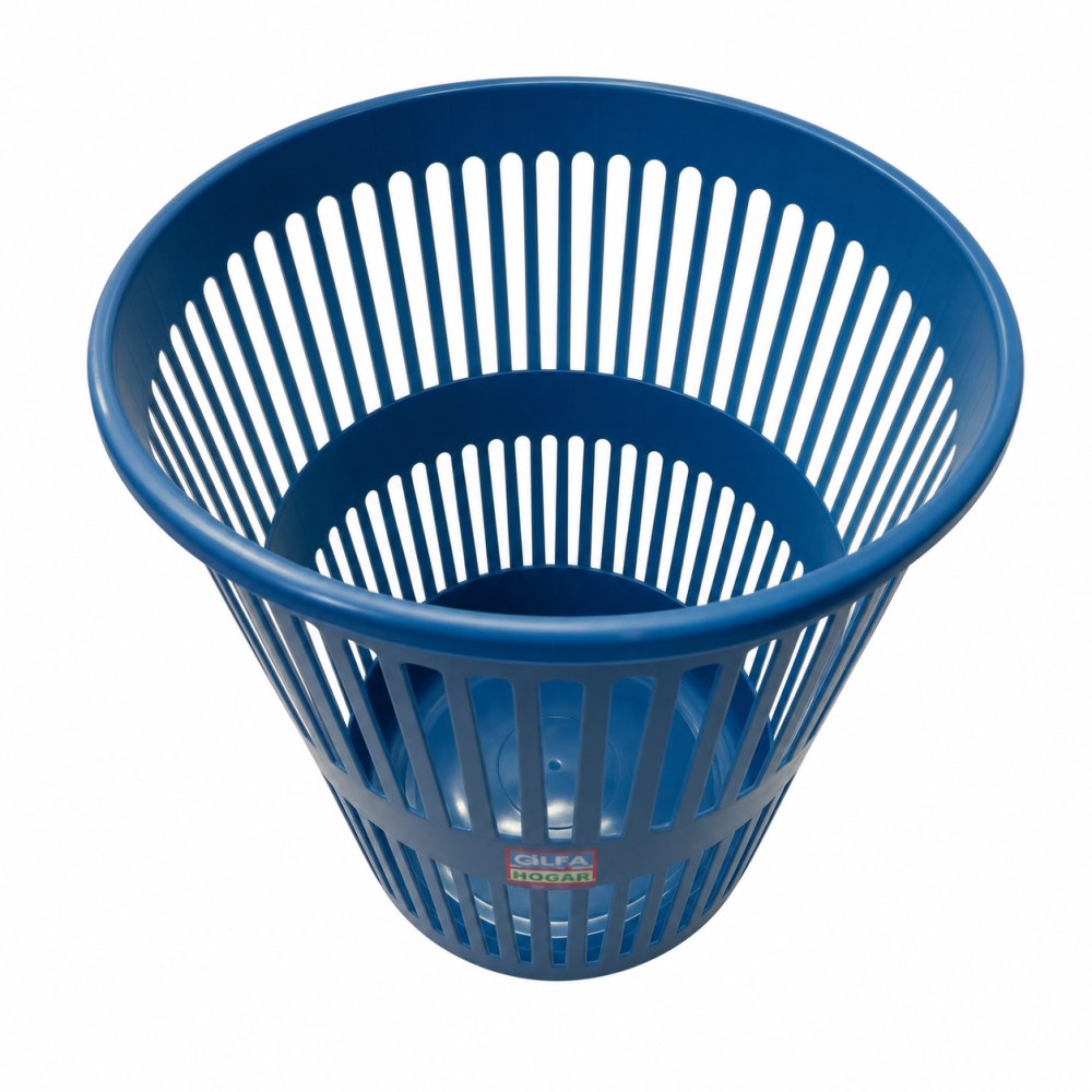 Otro lado del empaque de Papelera Plástica Calada Azul Alfa Hogar