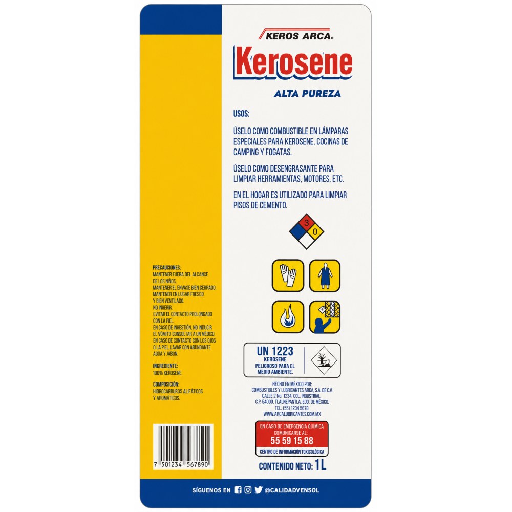 Otro lado del empaque de Kerosene Alta Pureza Keros - 1 Litro