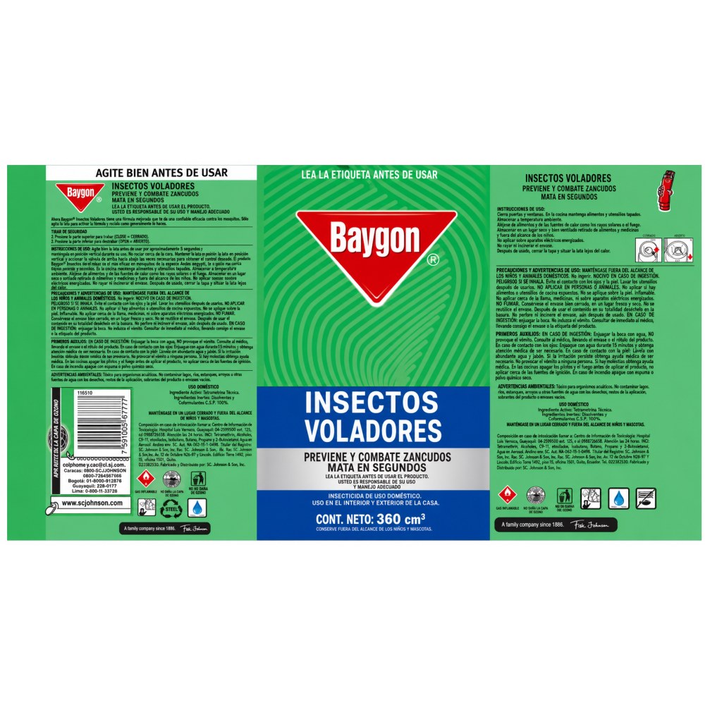 Otro lado del empaque de Baygon Aerosol Insectos Voladores - 360 cm3