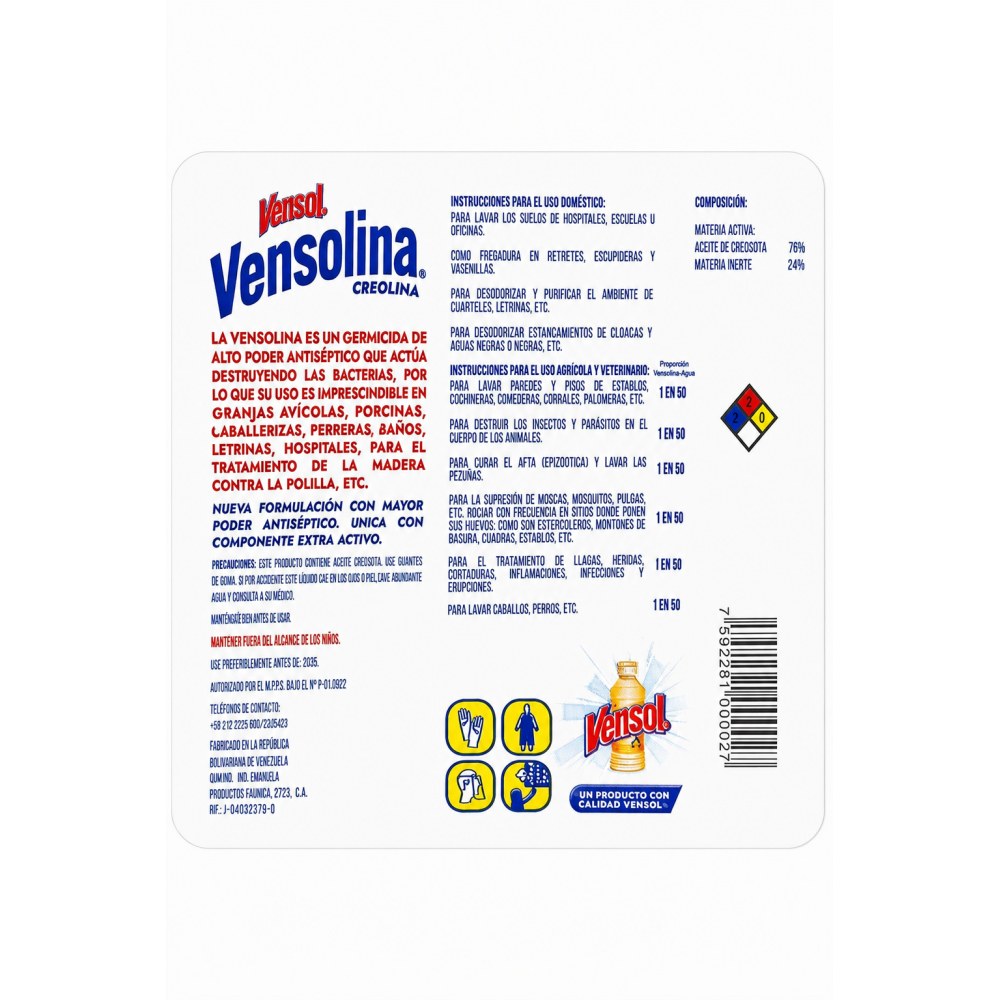 Otro lado del empaque de Vensolina Creolina Antiséptica Vensol - 1 Litro