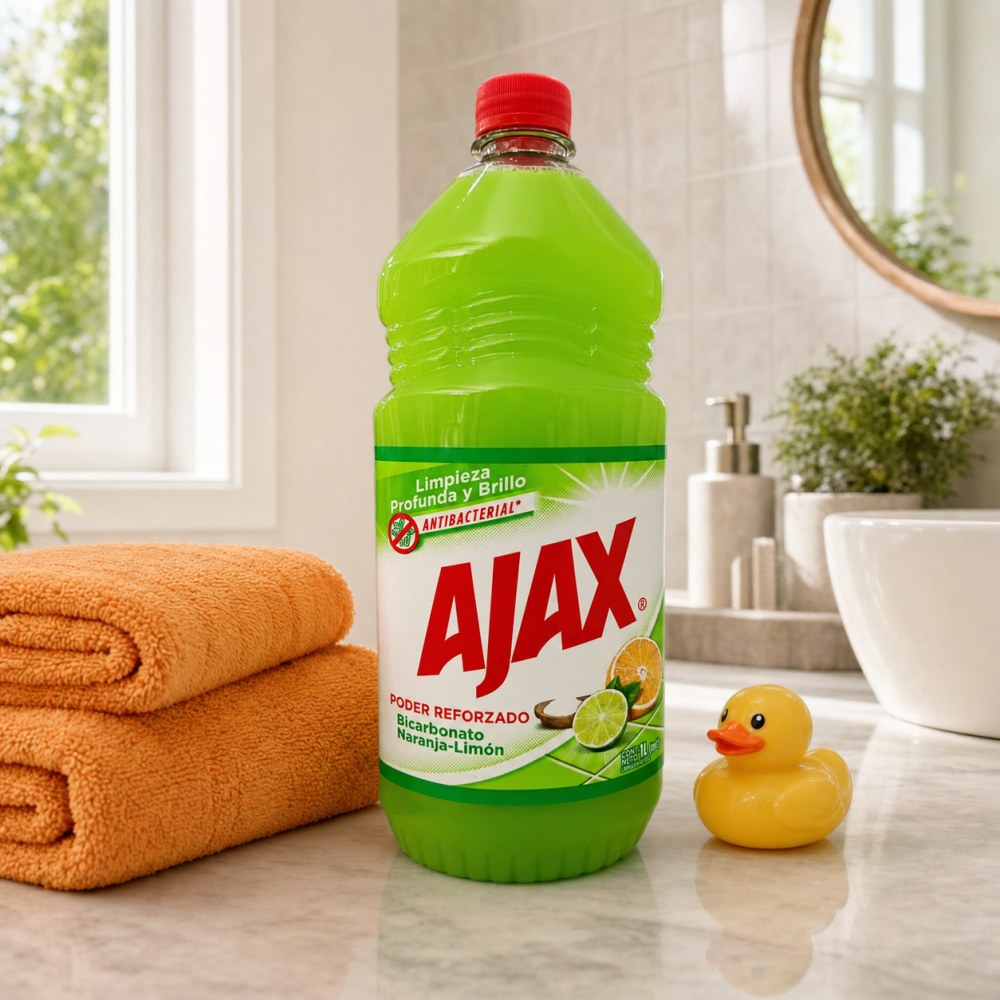 Otro lado del empaque de Ajax Limpiador Multiusos Antibacterial Bicarbonato Naranja-Limón – 1 Litro