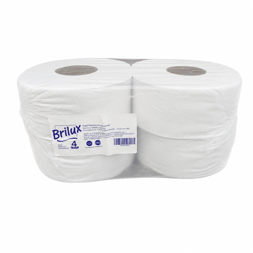 Otro lado del empaque de Papel Higiénico Institucional Brilux 4 Rollos Hoja Sencilla - 250 Metros