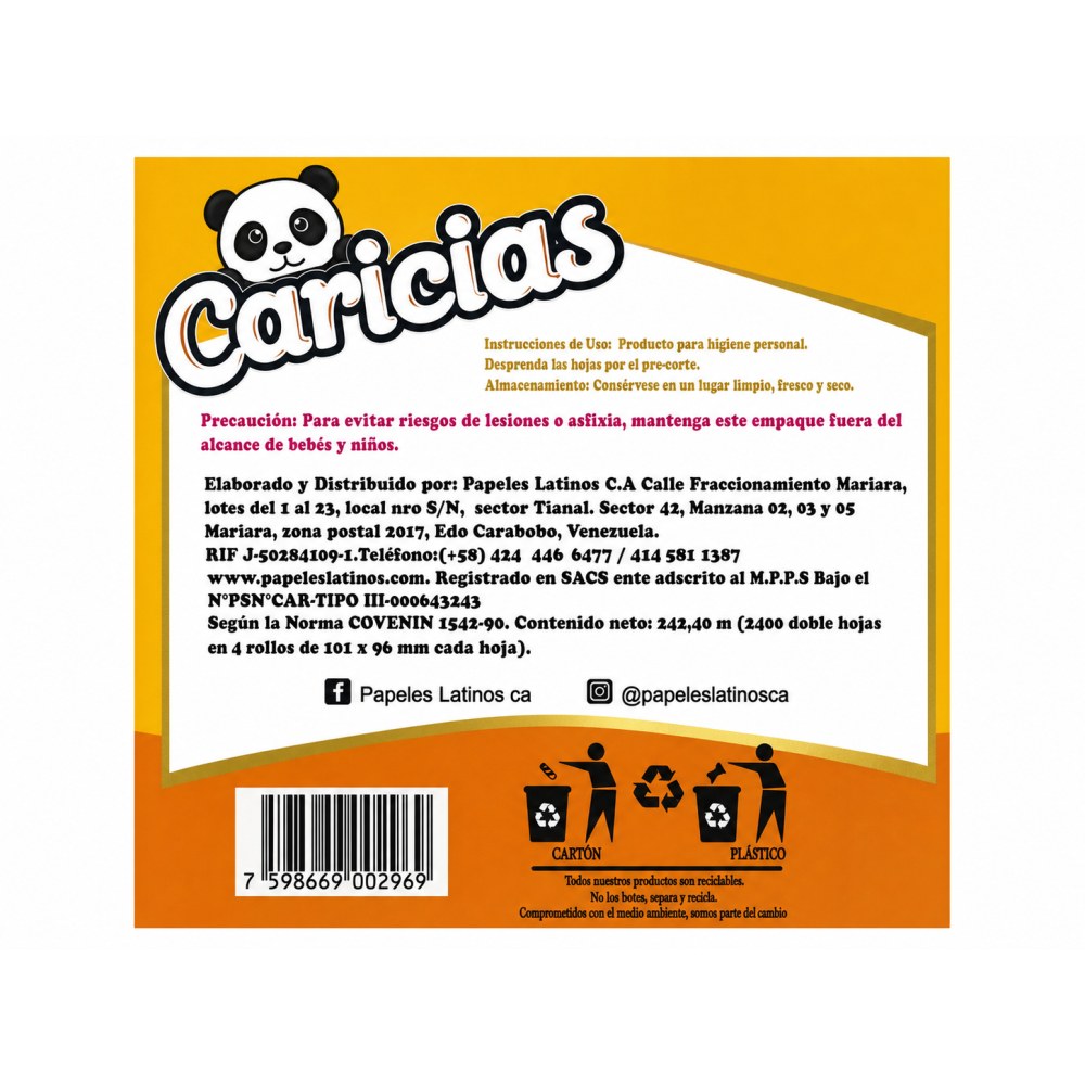 Otro lado del empaque de Papel Higiénico Caricias XG 600 Hojas - 4 rollos